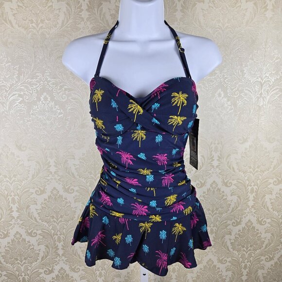 Shore Shapes Size 8 Navy Blue Palm Tree Print One Piece Swimsuite Ruffle Skirt - Picture 1 of 16